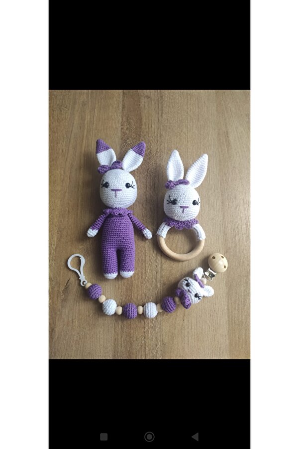 ElisaToys Amigurumi Yenidoğan Uyku Arkadaşı Tavşan, Çıngırak Ve Emzik Zinciri Set.