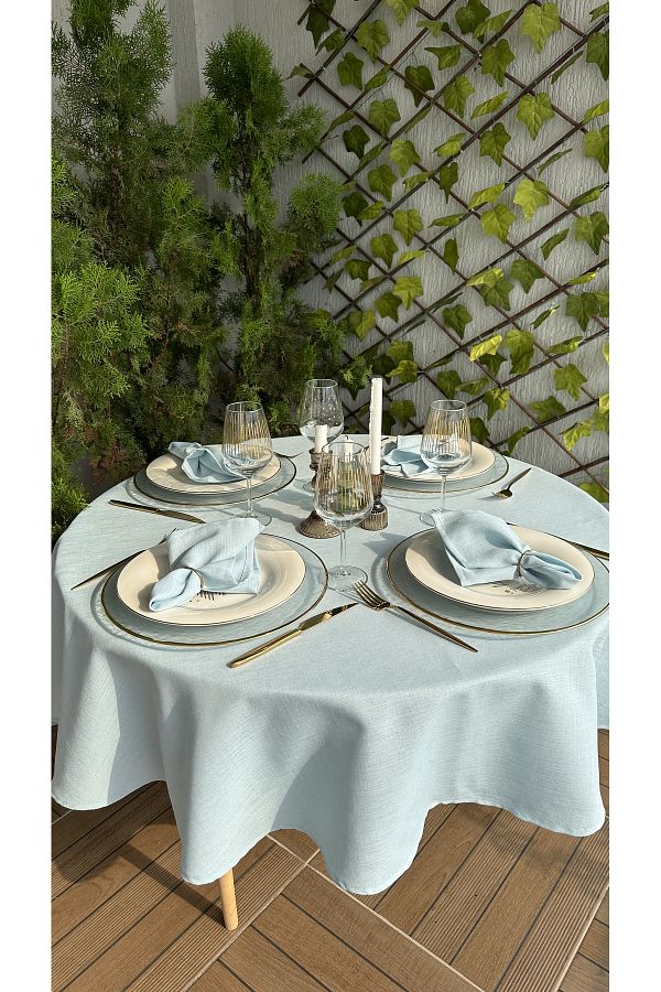 Decamor home-Linen Textured Cloud Blue Round Table Cloth 1