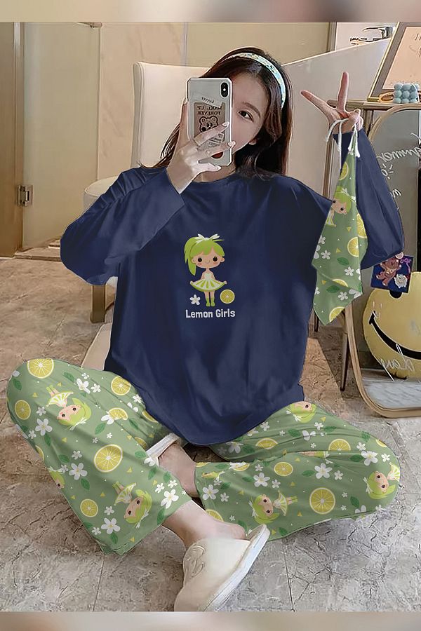 PEMB HOMEWEAR Bahd Lemon Girl Navy Supersoft Women s Pajama Set Trendyol