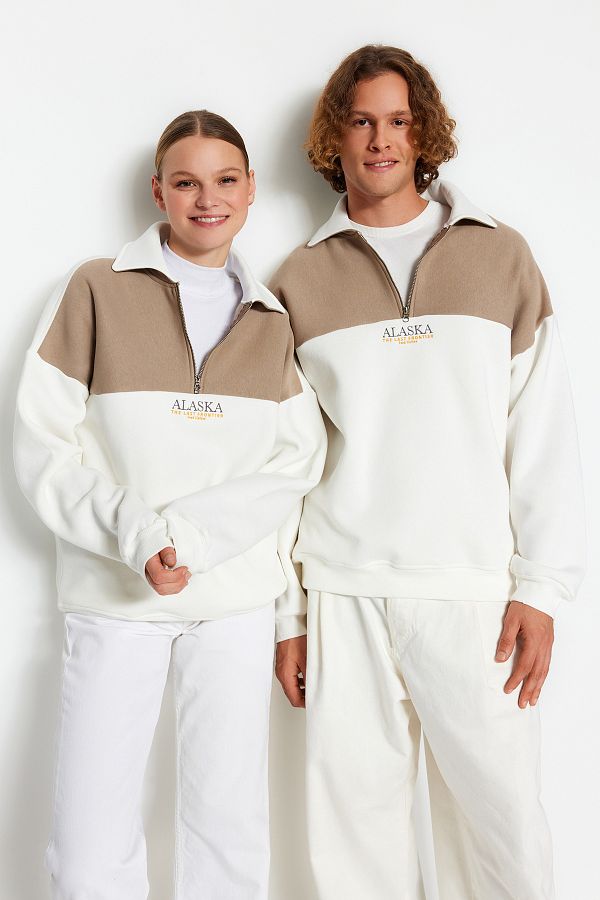 Trendyol Collection-Bluza polarowa oversize z kolorowymi blokami taupe - TMNAW24sw00130 1