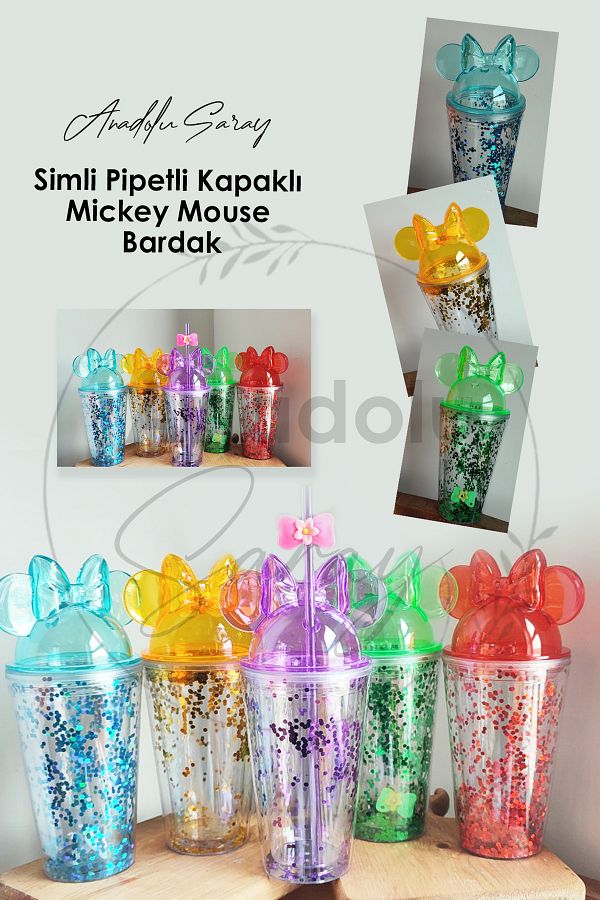 Anadolu Saray-Mickey Mouse Cup with Glitter Straw and Lid |   Cold Drink Cup for Coffee Presentation 1