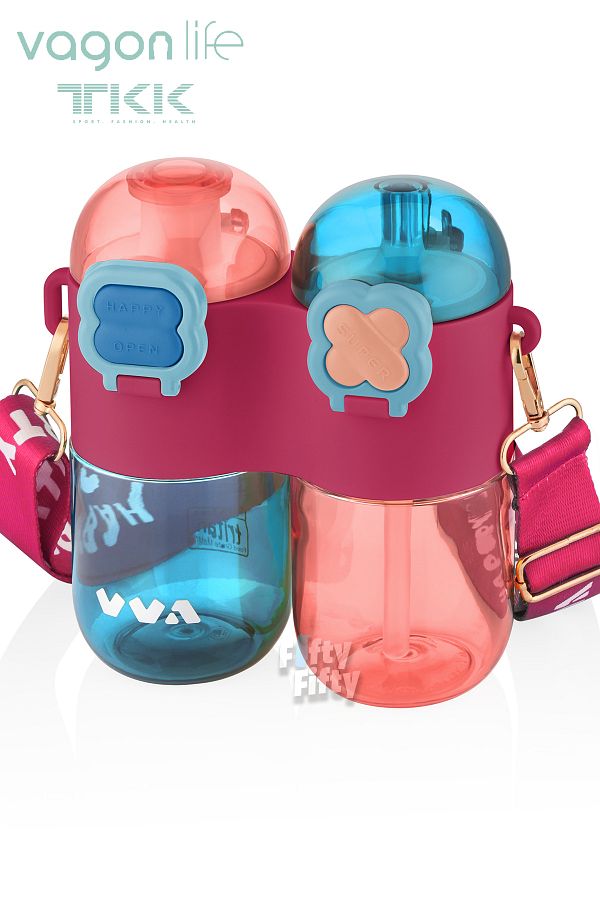 Vagonlife-TKK Single Body Double Bowl 2*400 800ml Liquid Capacity with Neck Strap with Straw / Comfortable Drinking Tritan Flask 1