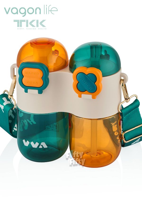 Vagonlife-TKK Single Body Double Bowl 2*400 800ml Liquid Capacity with Neck Strap with Straw / Comfortable Drinking Tritan Flask 1