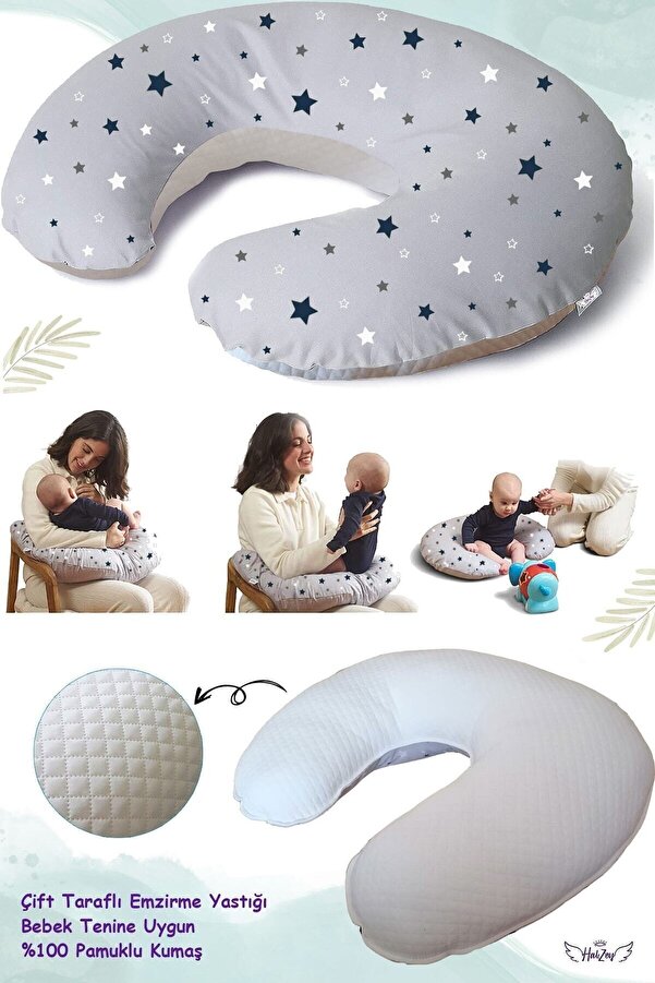Ferdys Emzirme Yastığı Ve Destek Minderi, Çift Taraflı %100 Pamuk Kumaş Gri Yıldız Desenli