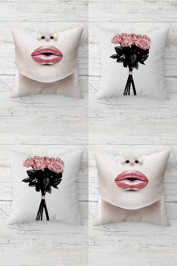linazaitun Rose Bouquet and Lip Patterned Concealed Zippered Throw Pillow Cover Seat Pillow Cover Set 4 PCS Trendyol