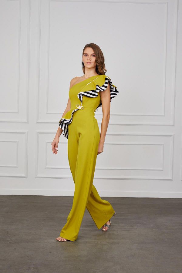 La Vita e Bella OIL GREEN Zebra Detailed One Shoulder Evening Dress Jumpsuit with Bow Accessories 8065 Trendyol