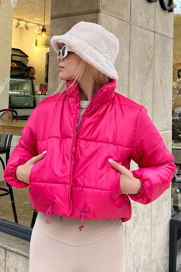 Trend Alacat Stili Women s Fuchsia Stand Collar Double Pocket Puffer Jacket with Elastic Waist ALC X7684 Trendyol