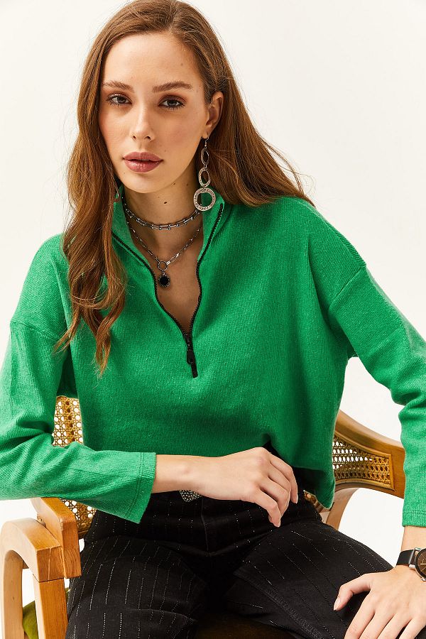 Olalook Women s Grass Green Zippered High Collar Rose Gold Sweater Trendyol