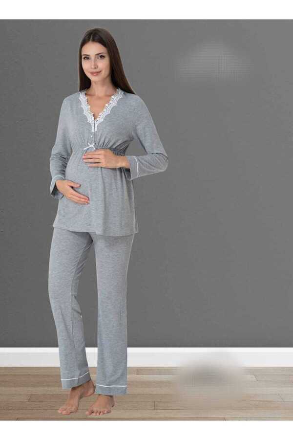 Lohussa Women's Gray Design Lacy Cotton Maternity Pajama Set- Trendyol - Main Image