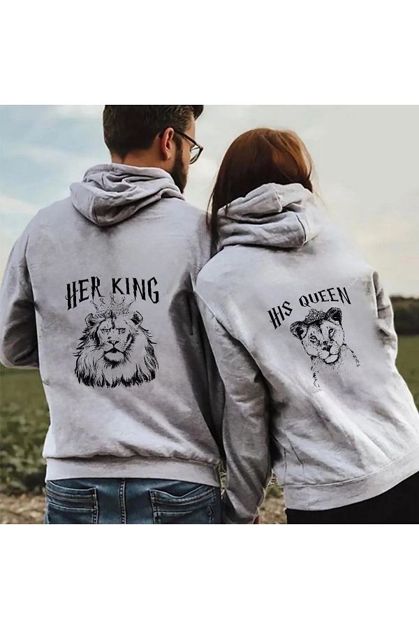 Mythologie Her King His Queen Lover Couple Combination Gray Printed Oversize Hooded Sweatshirt Trendyol