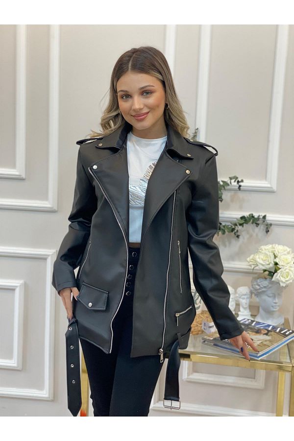VESS MODA Women s Oversize Buckle Detailed Leather Jacket Trendyol