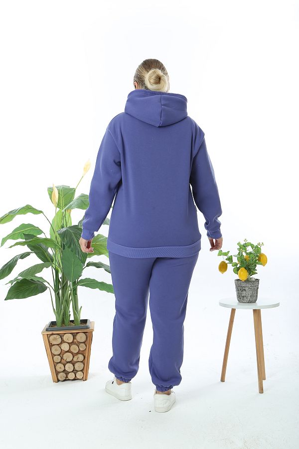 XL Modam WOMEN S LARGE SIZE HOODED BLUE SWIT PANT SET Trendyol