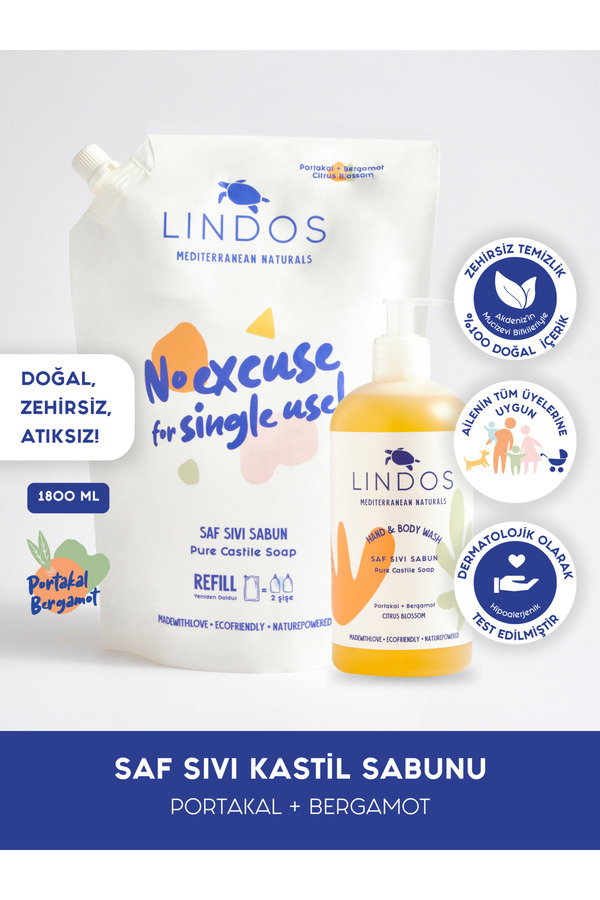 Lindos Doğal Kastil Sıvı Sabun El Vücut Zeytinyağlı Nemlendirici Aromaterapik Portakal Yağlı (1200 600 ML)