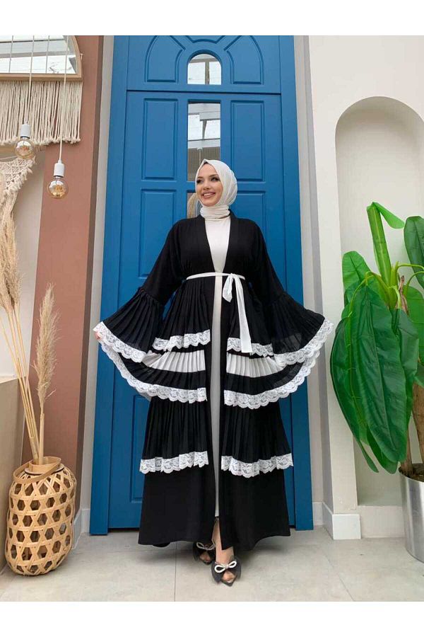 Bym Fashion-Sleeve Cuffs and Skirt Layered Lace Look Abaya 7807 Black 1