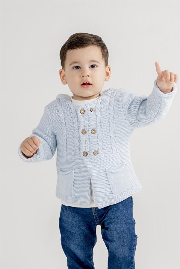 Minora Çift Katlı Triko Saç Örgü Kapşonlu Bebe Mavi Hırka 6-24 Ay