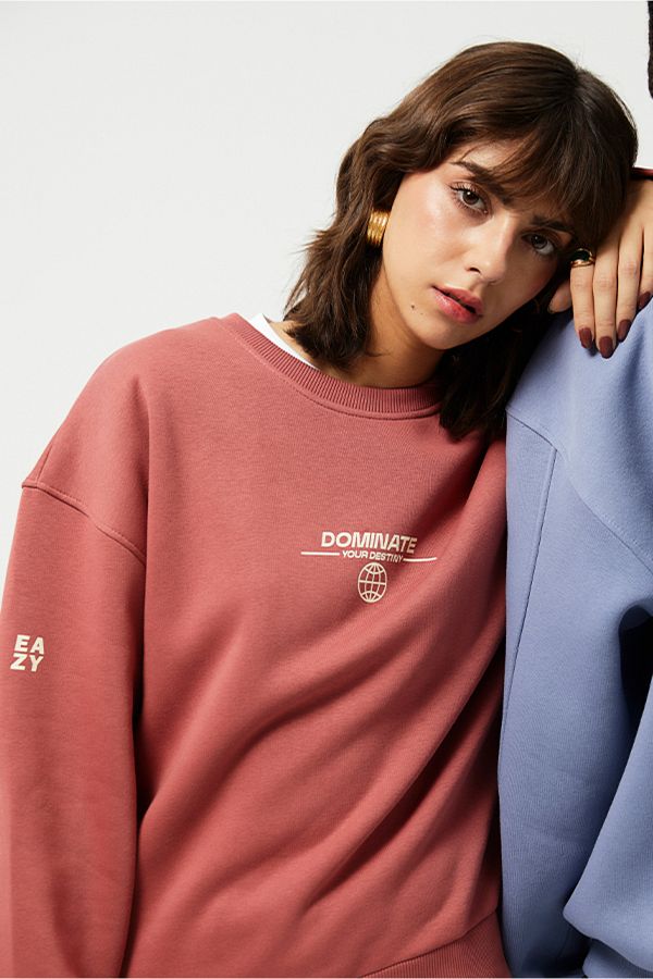 Eazy Co Eazy Dominate Oversize Unisex Dusty Rose Crew Neck Thick Sweatshirt Trendyol