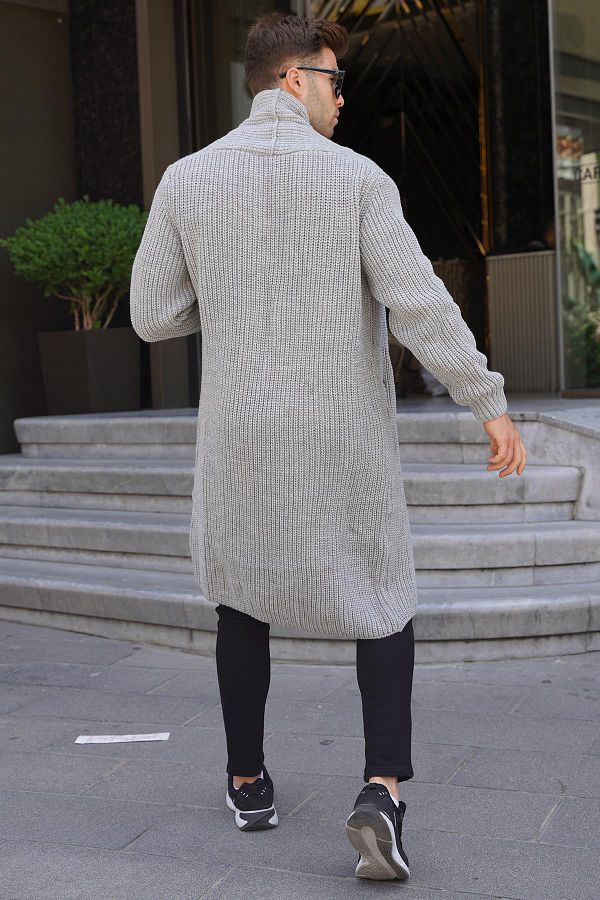 Madmext Gray Stand Collar Long Knitwear Cardigan with Pockets 6816 Trendyol