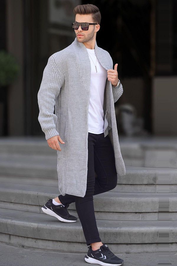 Madmext Gray Stand Collar Long Knitwear Cardigan with Pockets 6816 Trendyol