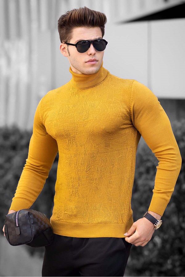 Madmext Mustard Turtleneck Front Patterned Sweater 4657