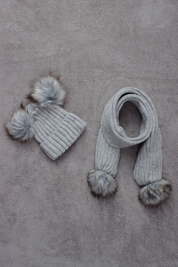 ADA BEBEK ÇOCUK Çift Ponponlu Atkı Bere Takımı