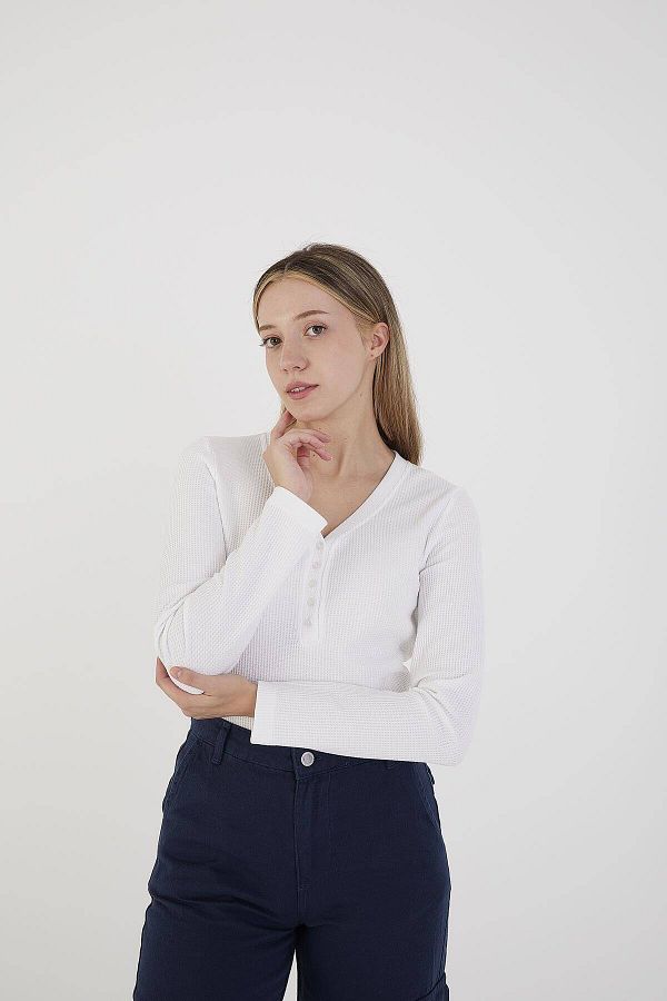 Addax-V-Neck Buttoned Front Textured Blouse B1147 1