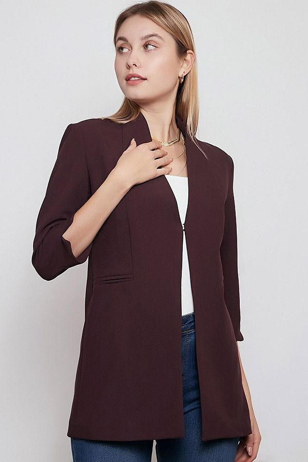 Naliru Collarless and Unlined Buckle Slit Half Sleeve Long Women s Blazer Jacket Trendyol