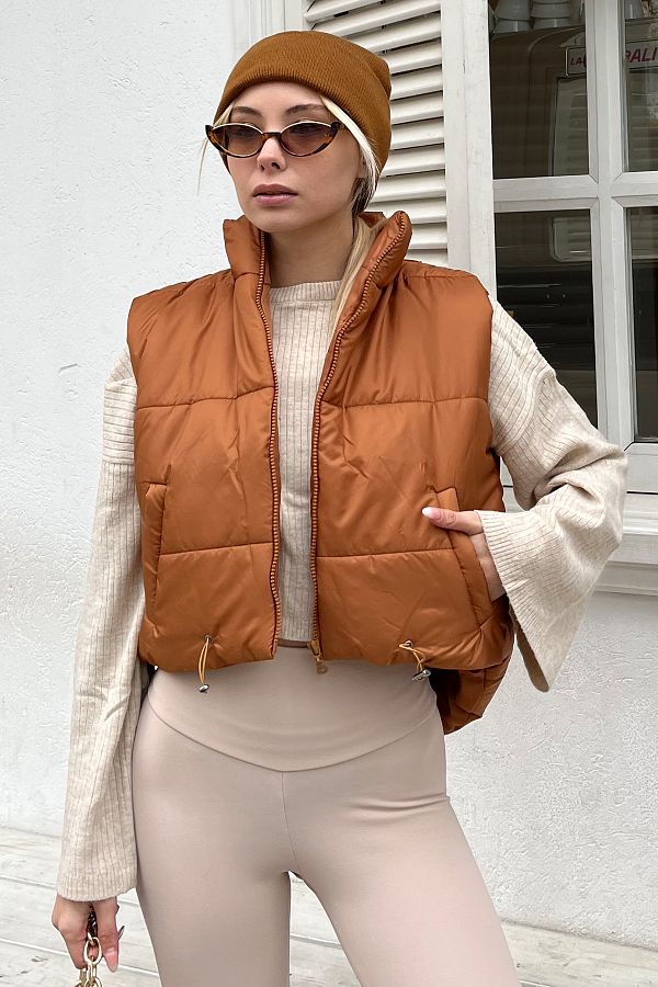Trend Alaçatı Stili-Dámský Taba Stojací límec Dvojitá kapsa Plně Vyplňující Pas Nastavitelná nafukovací vesta ALC-X7994 1