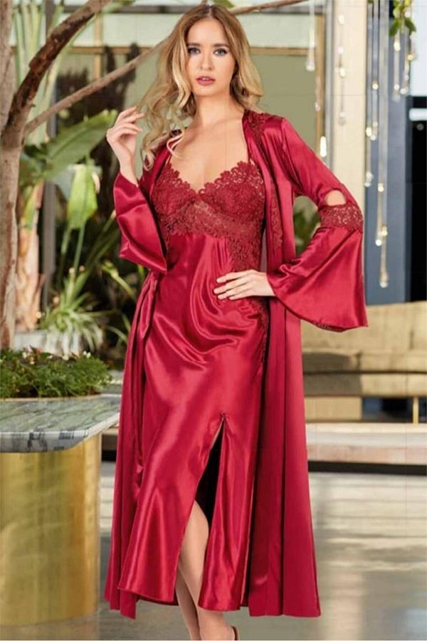 Burgundy satin dressing gown hot sale