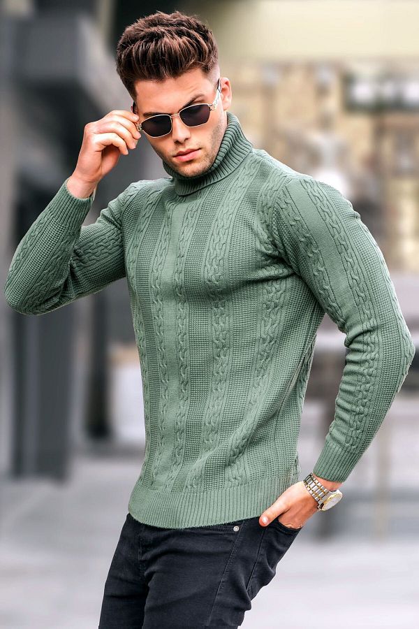 Madmext Petrol Green Patterned Turtleneck Knitwear Sweater 5769