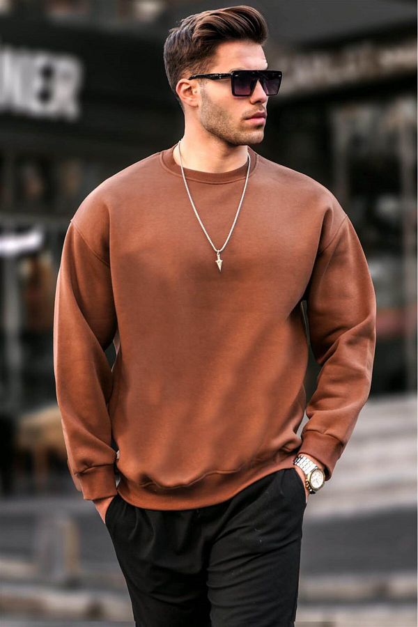 Madmext Brown Crew Neck Oversize Basic Men s Sweatshirt 6048 Trendyol