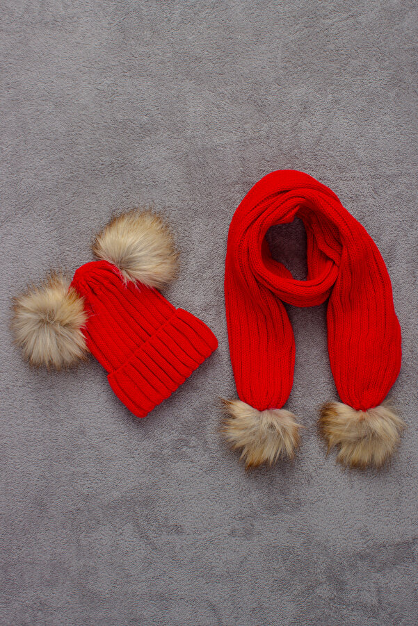 ADA BEBEK ÇOCUK Çift Ponponlu Atkı Bere Takımı