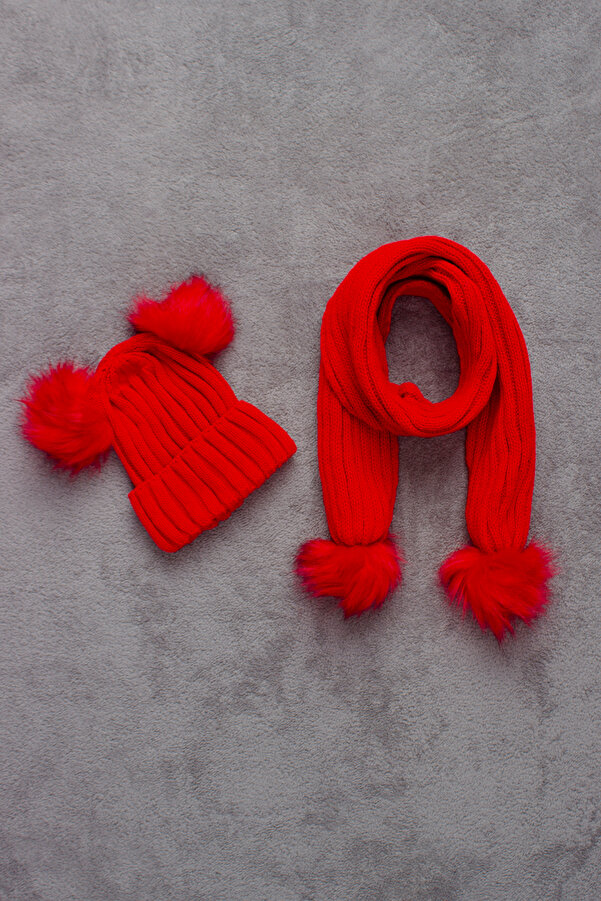 ADA BEBEK ÇOCUK Çift Ponponlu Atkı Bere Takımı