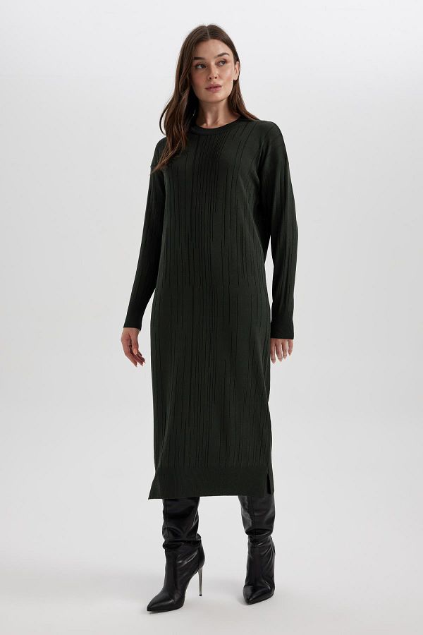 DeFacto-Regular Fit Crew Neck Basic Plain Langarm Krepp Midi Strickkleid A9806ax23wn 1