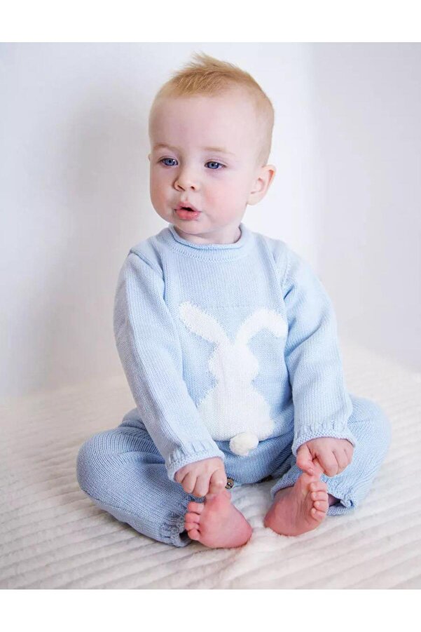 Minora Kız/Erkek Bebek Kışlık Triko, Yumuşak Örgü,Ponponlu Tavşan Tulum Bebe MAVİ