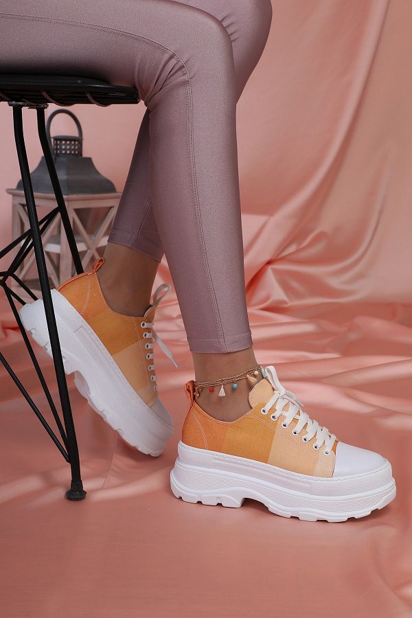 zincirport Yellow Plaid Pattern Thick Sole Women s Sneakers Trendyol
