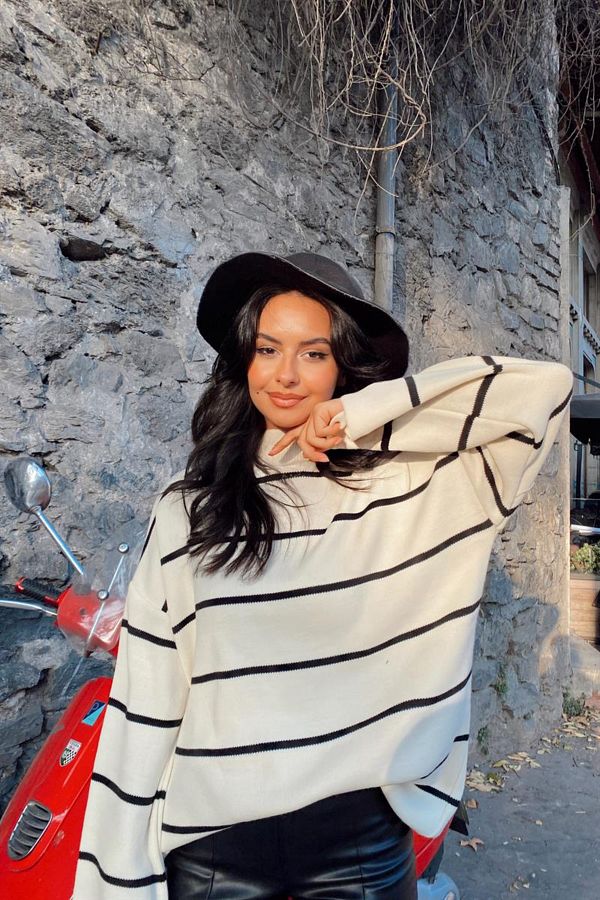 Jose Clothing-Pulover de damă cu mânecă lungă în dungi cu guler supradimensionat 1