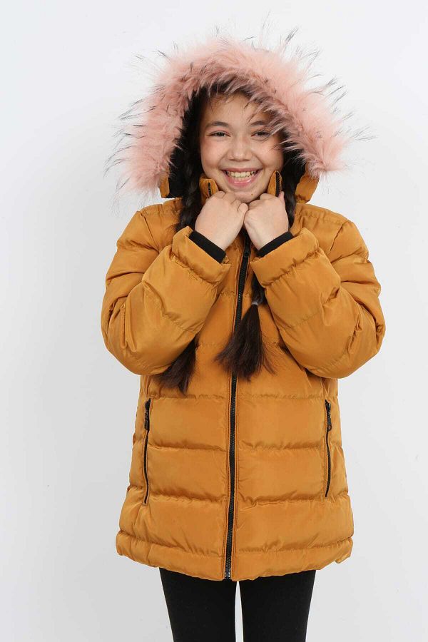 Mustard coat with fur hood clearance