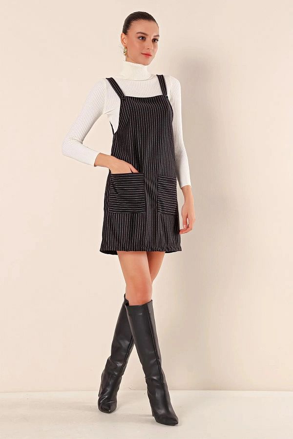 hazelin Women's Black Button Strap Mini Dress with Front