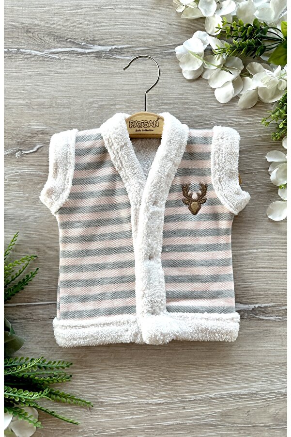 PATSAN Içi Peluşlu Wellsoft Kışlık Bebek Yelek Geyik Nakış Somon Çizgili