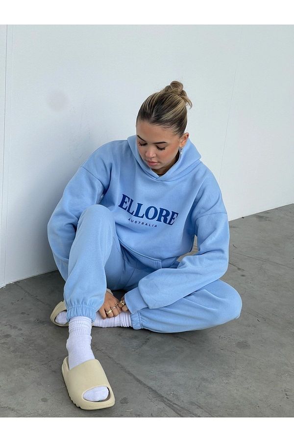 DUBU BUT K Ellore Australia Tracksuit Set Sweatshirt Jogger Baby Blue Printed Oversize Hoodie Trendyol
