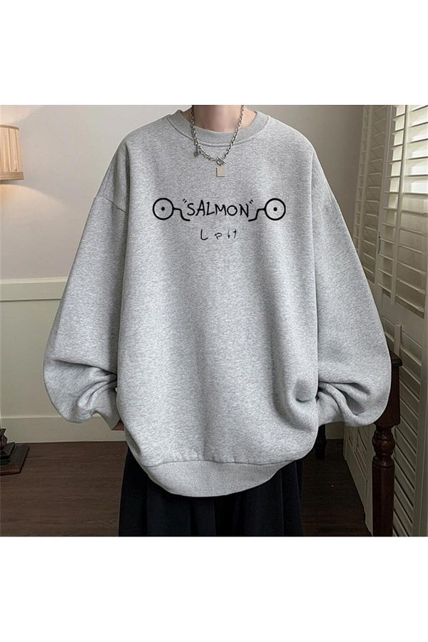 Touz-LAGOM MODA Jujutsu Kaisen Toge Inumaki Imprimat Gri Unisex Hanorac oversize cu gât crew 1
