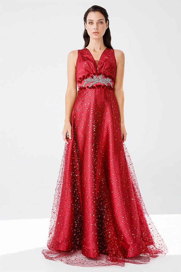 Esswaap-Burgundy SequIn Lace and Jewelled Flared EvenIng Dress 1
