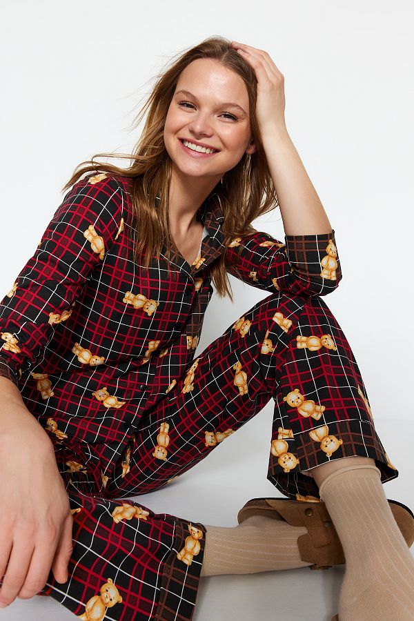 Trendyol Collection-Set pijamale 100% bumbac cu cămașă și pantaloni în carouri - THMAW24PT00104 1