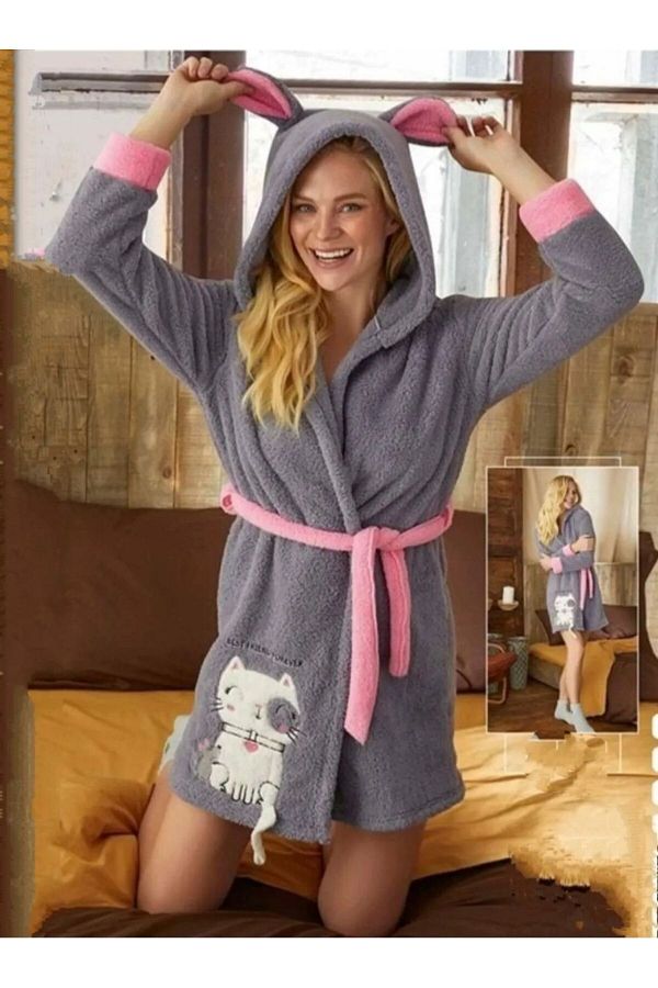 skycott women gray color cat mouse embroidery hooded wellsoft fleece dressing gown Trendyol