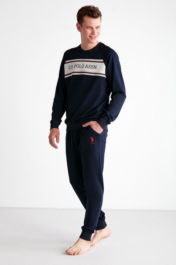 U.S. Polo Assn. 100 Cotton Men s 2 Thread Winter Pajama Set Text Printed Round Collar Sleeve Leg Cuffed Pocket Pajamas Trendyol