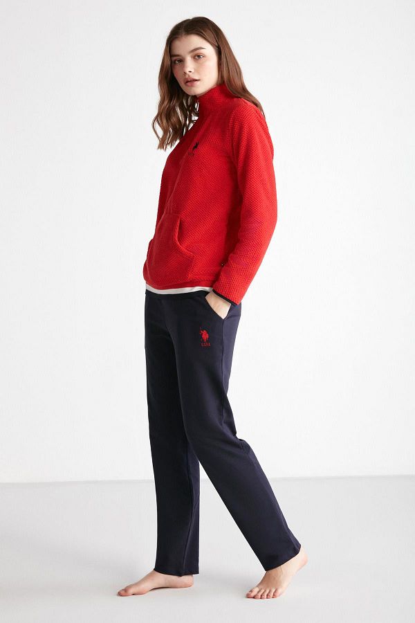 U.S. Polo Assn. 100 Fleece Top Long Sleeve Half Zipper 2 Thread Woven 100 Cotton Winter Pajama Set with Bottom Pocket Trendyol