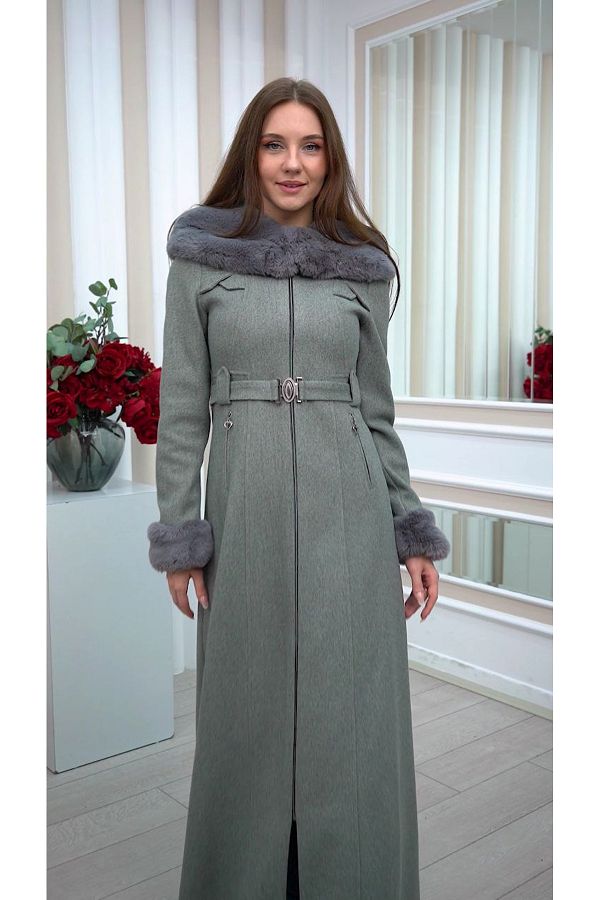 Modamix FUR HOODED BELTED CASHMERE SAW COAT 1343 - Trendyol