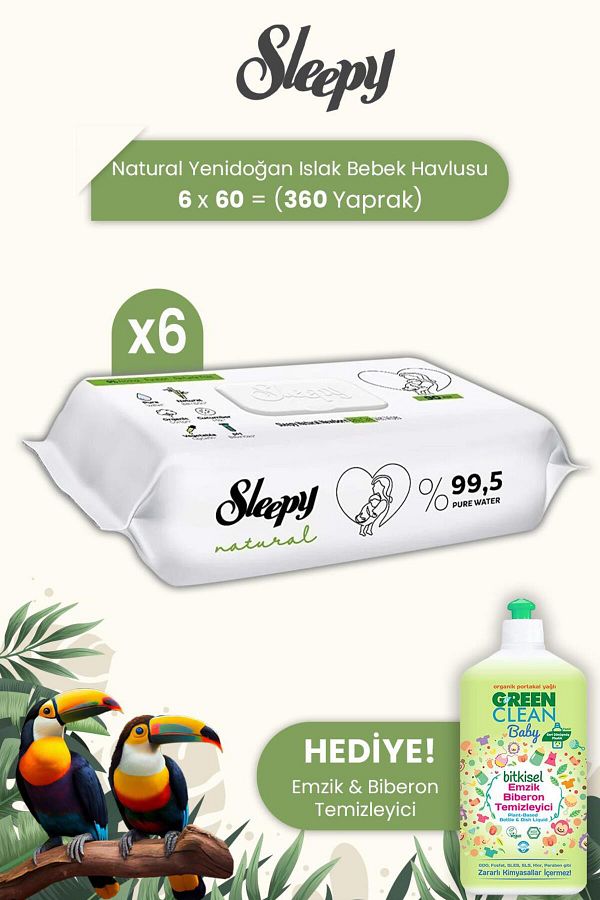 Sleepy-مناديل مبللة طبيعية للأطفال حديثي الولادة 60 قطعة × 6 قطع ومنظف الزجاجات 1