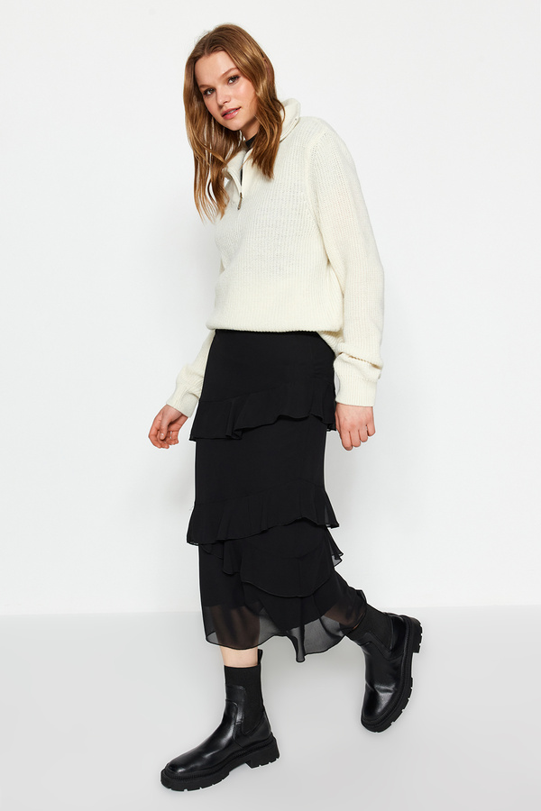 Trendyol Collection-Fustă neagră din șifon midi - Detaliu volantă, țesută, TWOAW24ET00269 1