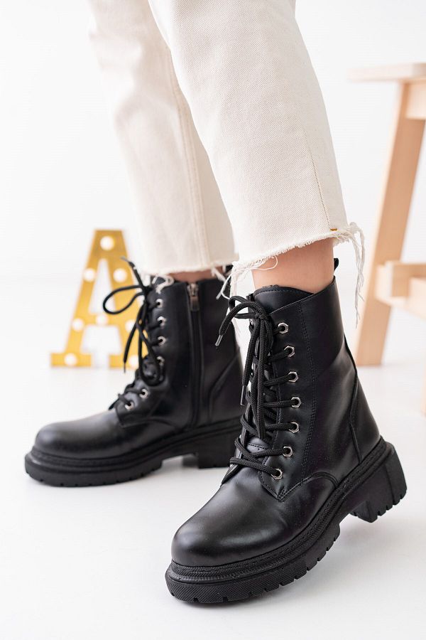 Aymood Black Skin Women s Heeled Boots Winter Stylish Below Knee Lace Up Zippered Thick Sole Medium Size Half 4 C Trendyol